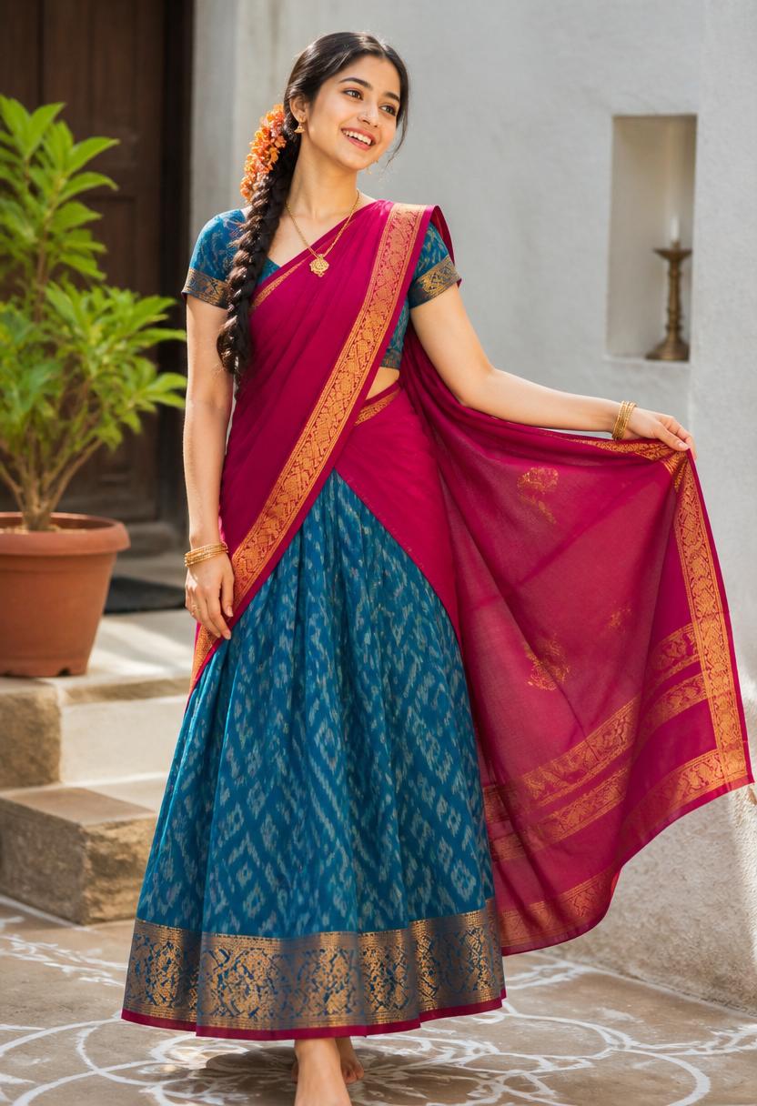 A young Telugu woman in a parrot-green and pink Pochampally half-saree on temple steps