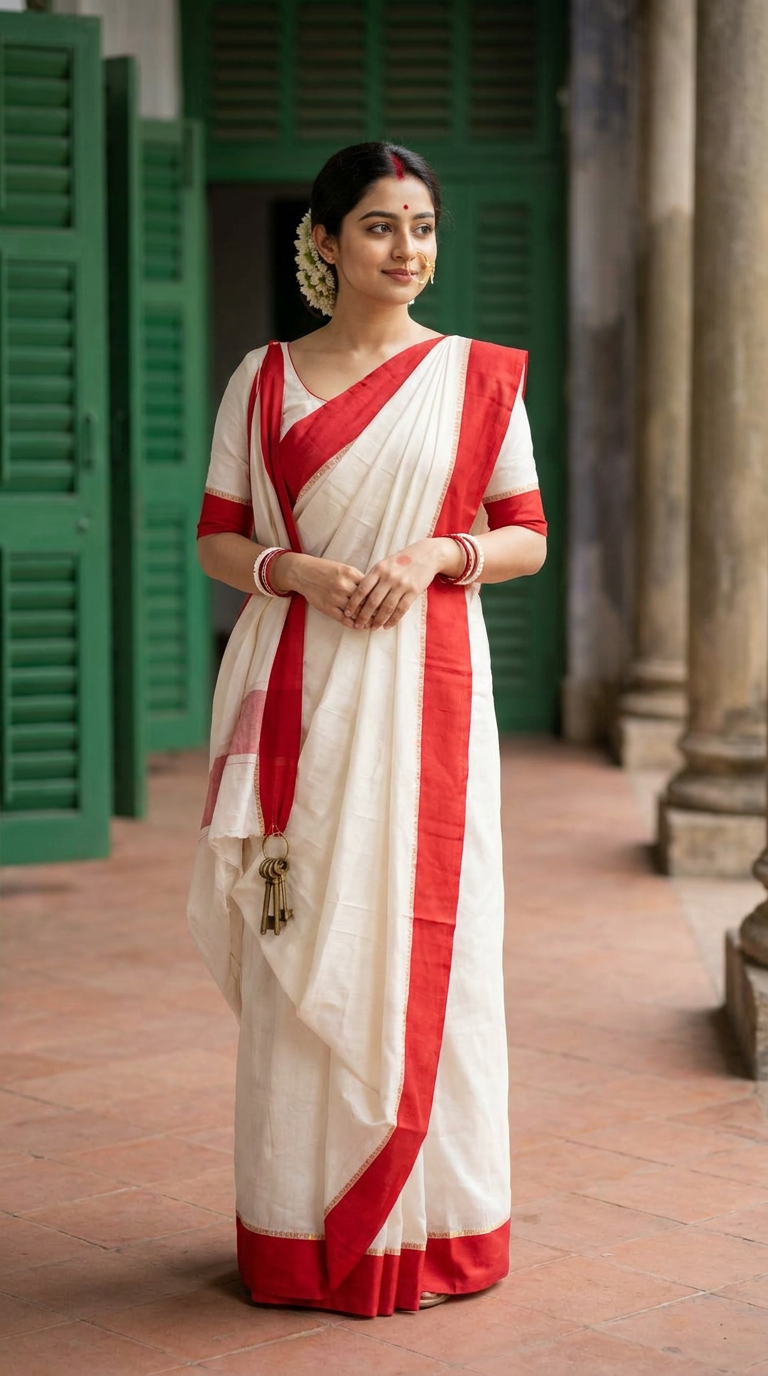 A Bengali woman in a red-bordered white silk saree draped in the Atpoure style with keys at the waist