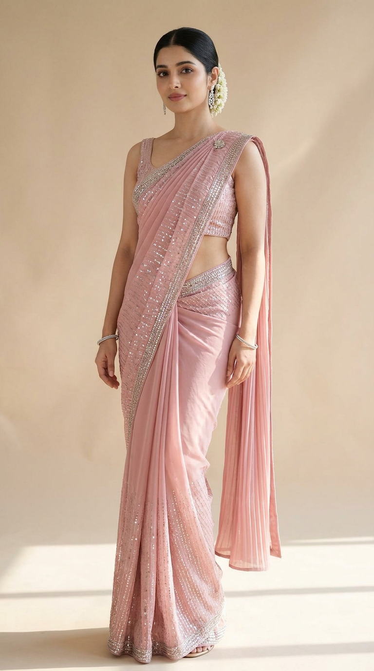 A bride in a champagne tissue saree with a narrow butterfly pallu, shown in golden hour light