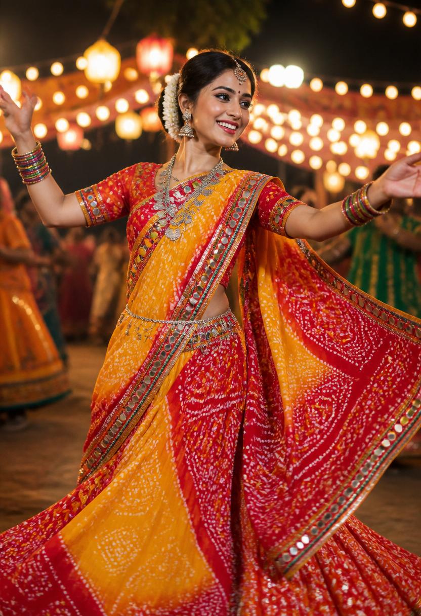 A Gujarati woman in a vermilion bandhani saree with mirror work draped in the Seedha Pallu style