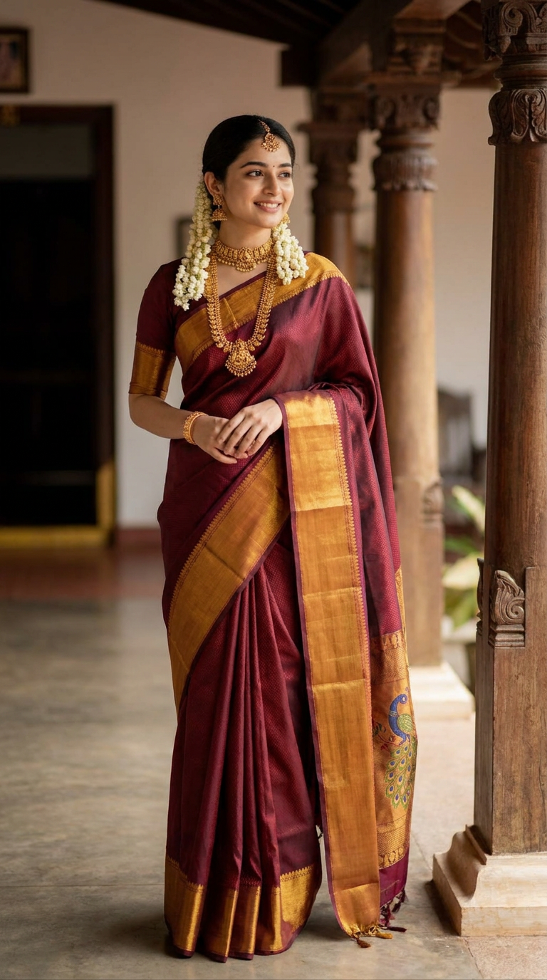 A South Indian bride in a crimson Kanjivaram silk saree with temple gold
