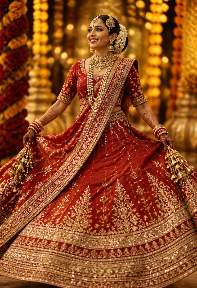 A bride in a fuchsia and gold pre-stitched lehenga saree at a Mehendi function