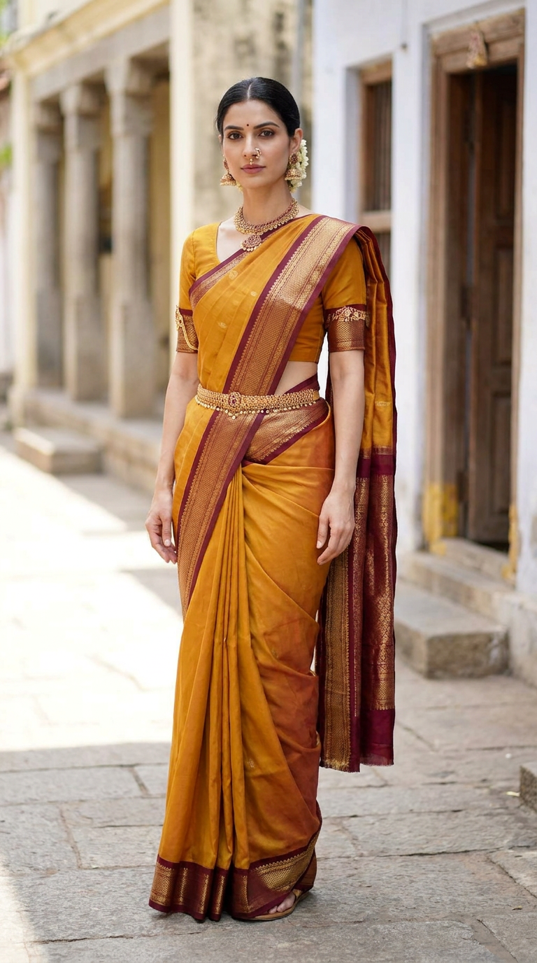 A Tamil Brahmin woman in a mustard-and-maroon nine-yard madisar saree in a heritage agraharam