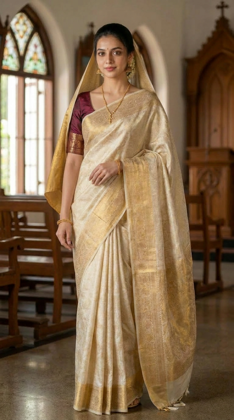 An ivory Kuriappilly silk saree with gold zari, styled in the Kerala Christian mantrakodi drape