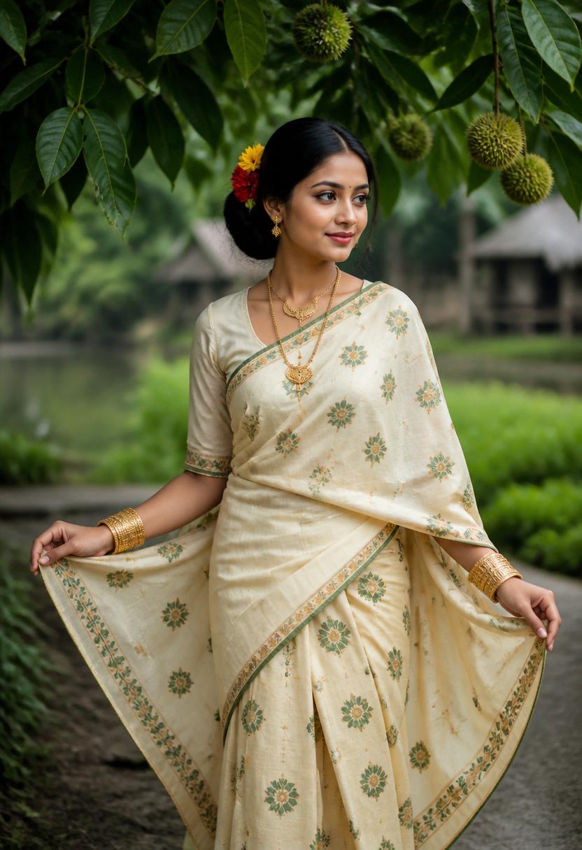 An Assamese woman in a cream and red Muga silk mekhela chador at a Bihu courtyard