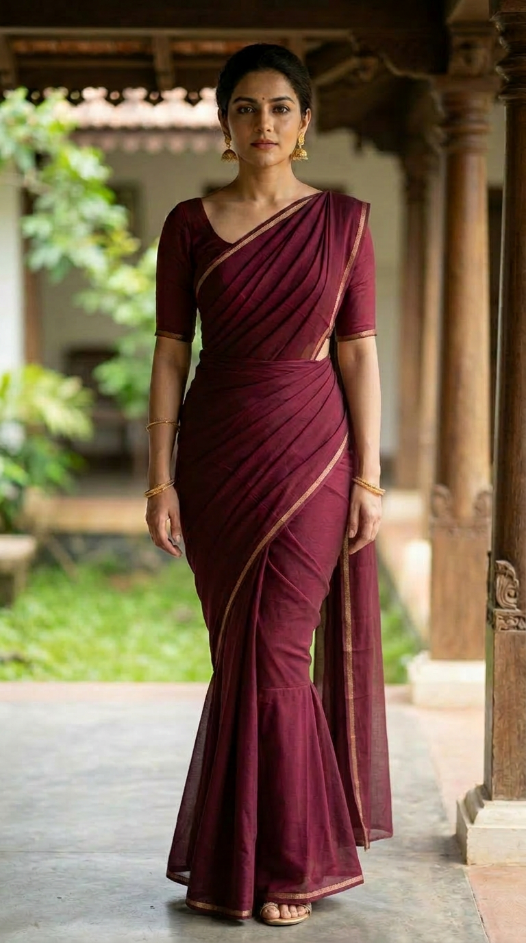 An Indian woman in a black sequined georgette saree draped in the modern Mumtaz mermaid style