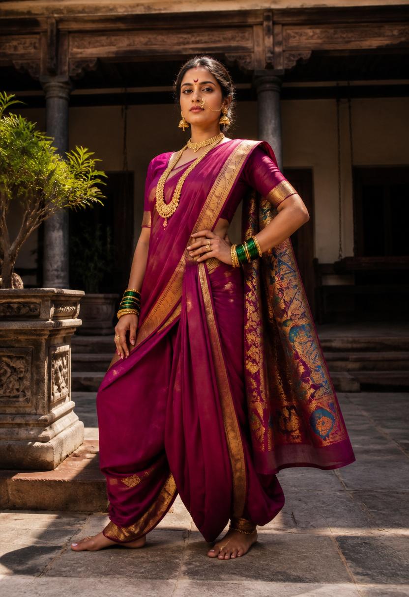 A Maharashtrian woman in an emerald nine-yard Nauvari saree on a Pune wada verandah
