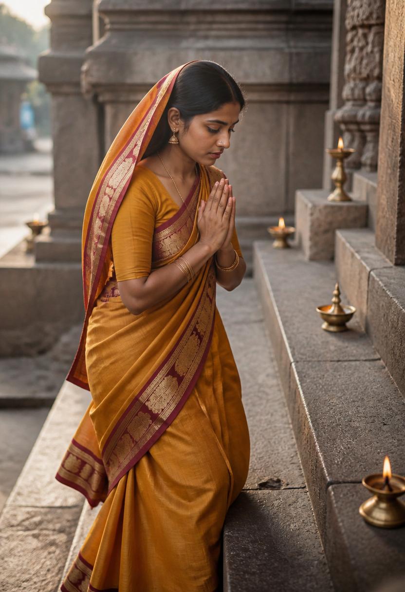 A South Indian woman in a mustard silk saree with a deep maroon border draped modestly for temple visit