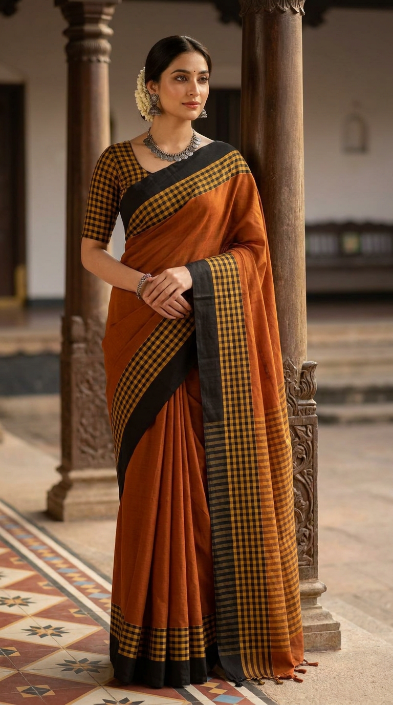 A Tamil woman in a mustard cotton saree draped in the back-pleated pinkosu style on a sunlit balcony