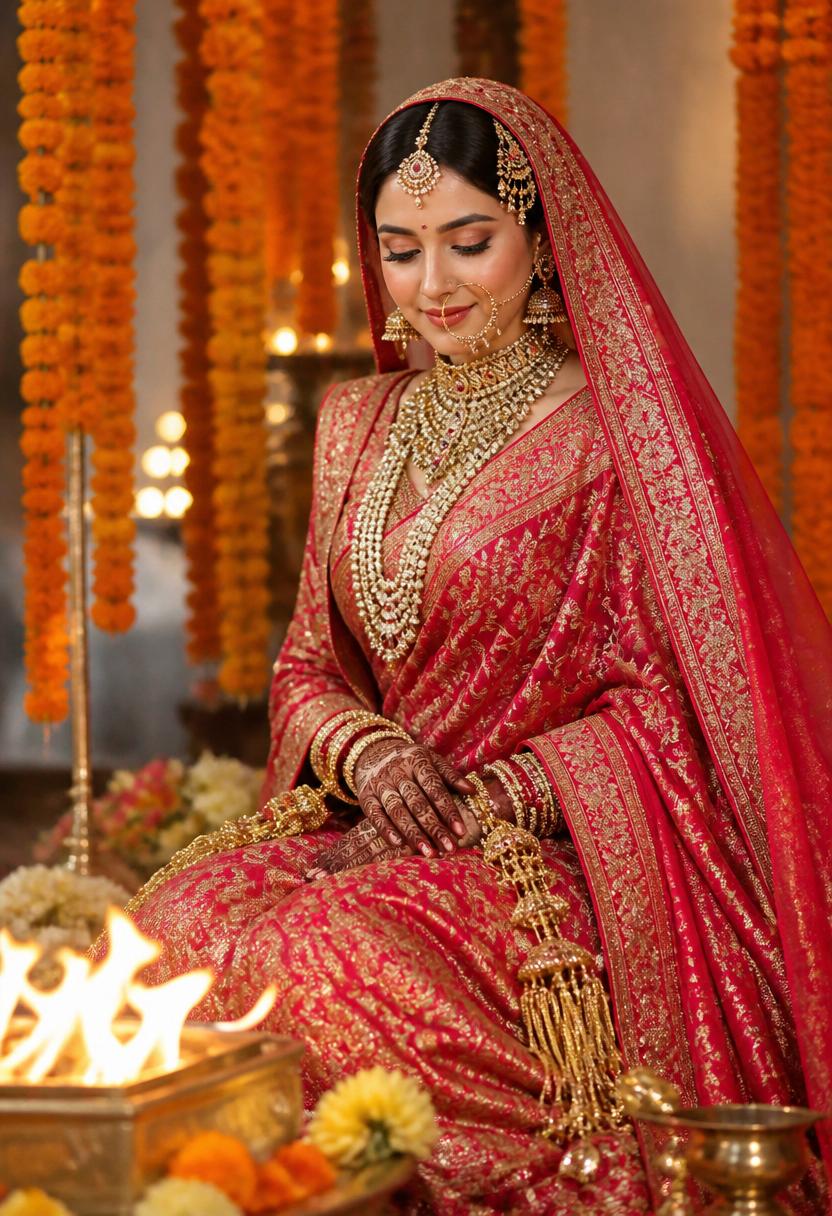 A North Indian bride in a deep red Banarasi saree with the pallu draped as a head veil