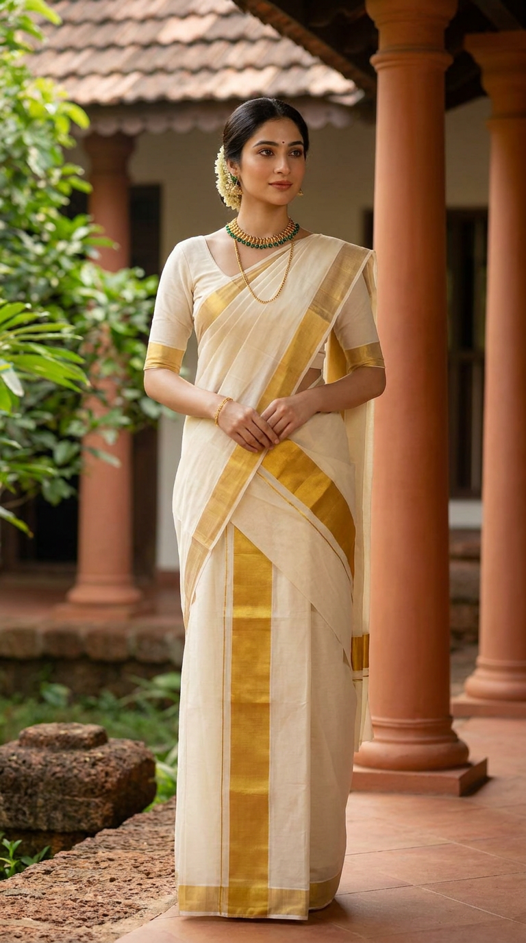 A Kerala Hindu woman in a kasavu set-mundu with temple gold and brass lamp