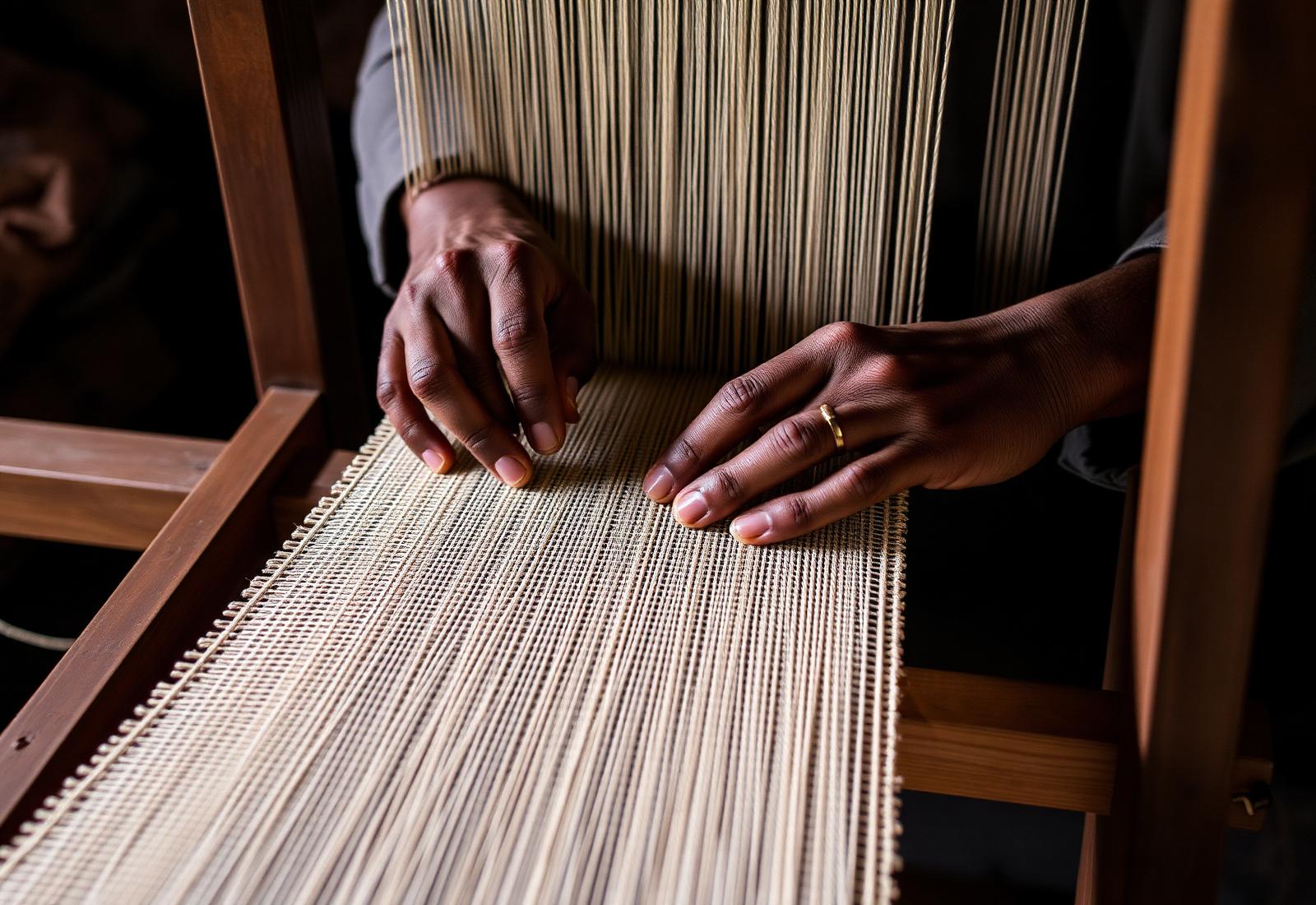 Artisan hands on a wooden handloom