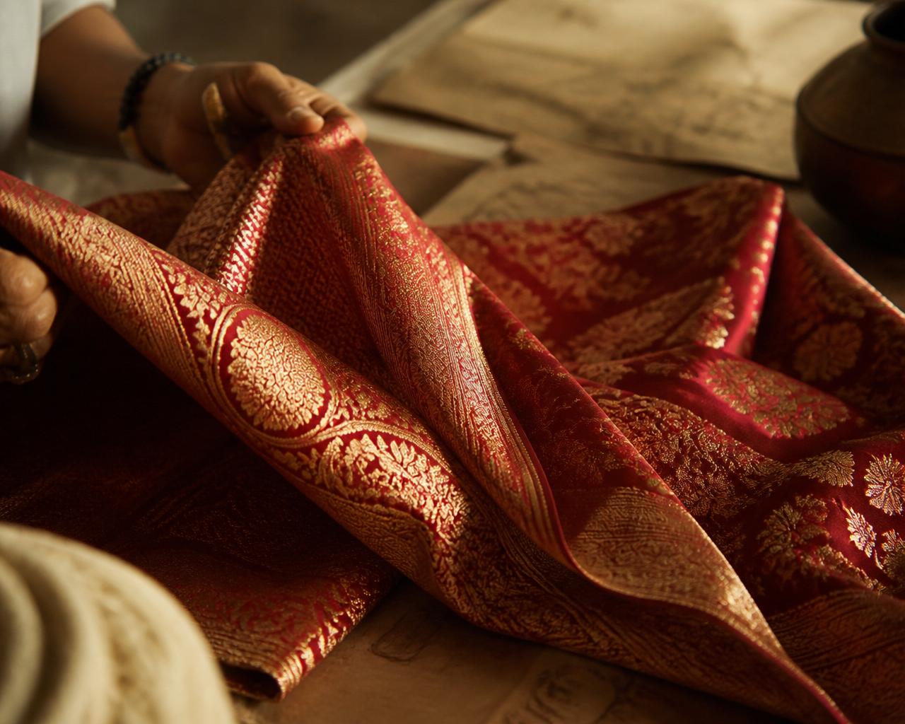 Macro close-up of hands draping a crimson Banarasi silk with gold zari brocade